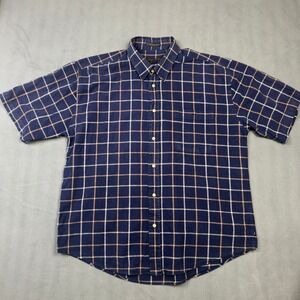 Chesterfield Mens XL Linen Cotton Plaid Short Sleeve Button Down Shirt Navy Blue